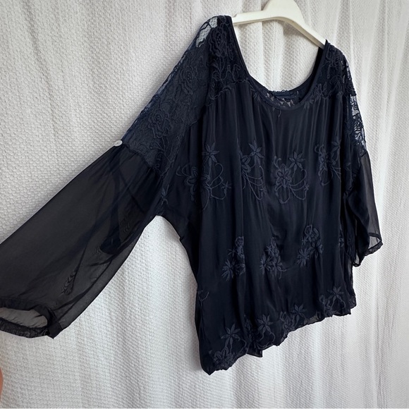 Elegant Silk Navy Blue Lace Blouse - Picture 5 of 7